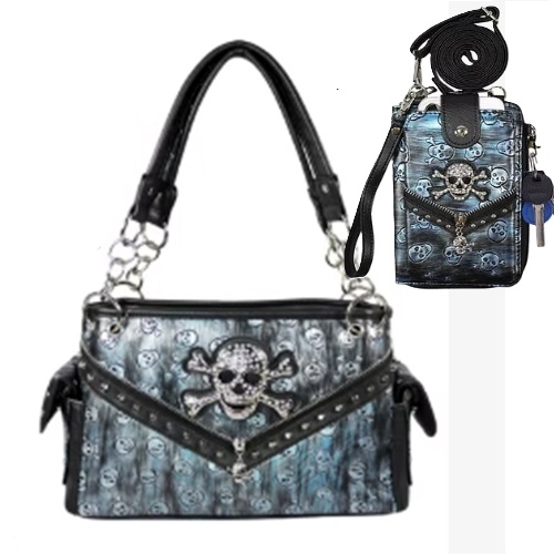 Blue Western Concealed Carry Skull Concho Studded Purse & Phone Wallet Set